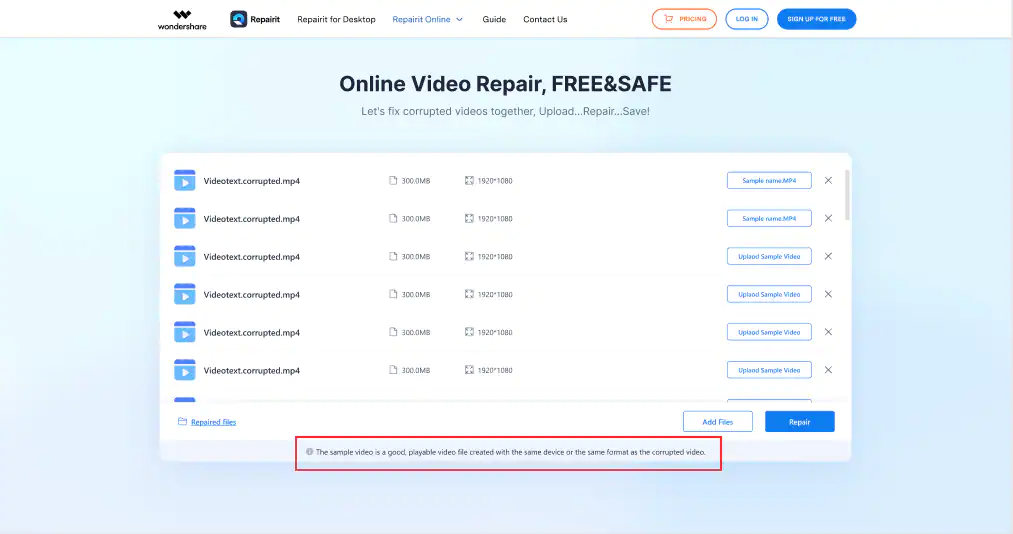 upload a sample video in repairit
