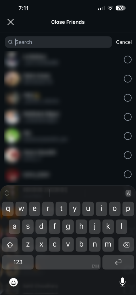 Search and tap usernames to add them. A green checkmark shows up next to each one.