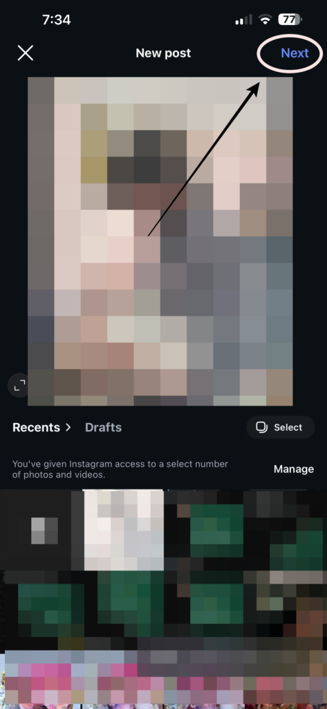 I pick my photo, video, or carousel and tap Next twice (after edits and tagging).