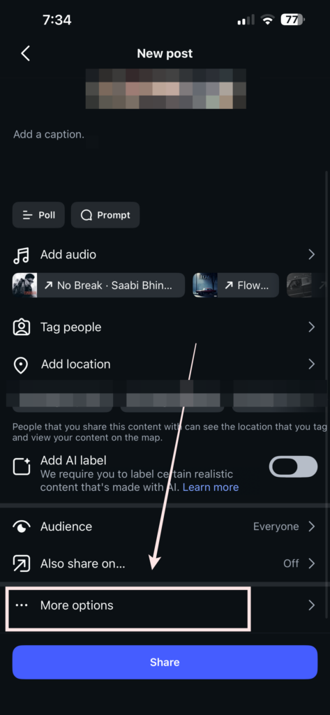 On the final screen with the caption box, I scroll down and tap "More Options."