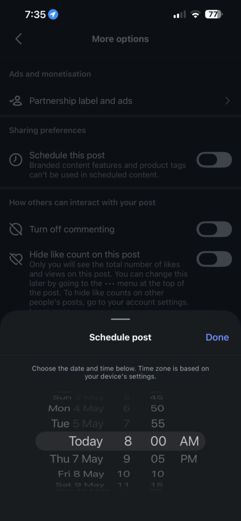 A date and time picker appears—I set it up to 75 days in advance (that's the cap last time I checked).